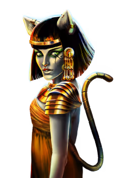 Stylized woman with cat-like features and Egyptian-inspired jewelry