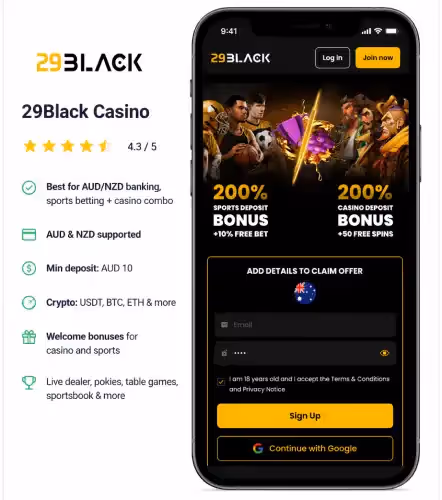 29Black Casino mobile screenshot showing homepage with bonus offer, sign up form, and gameplay interface for Australian players