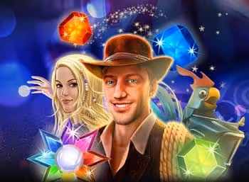 Smiling man in a hat with a woman, parrot, and gems
