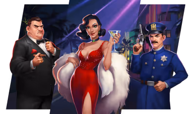 Cartoon figures: gangster, glamorous woman, and police officer