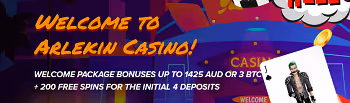 Arlekin Casino: Welcome Package: Up to 1425AUD or 3 BTC + 200 Free Spins