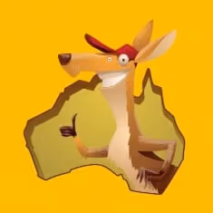Cartoon kangaroo wearing a cap, standing on a map of Australia
