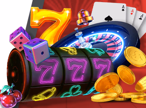 Casino elements: slot machine, roulette wheel, dice, cards, coins, cherries, and a bell
