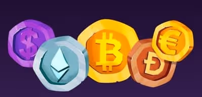 Five stylized coins representing different cryptocurrencies and currencies