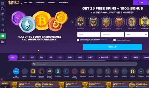Bitcoincasino.io homepage with free spins and bonus offer