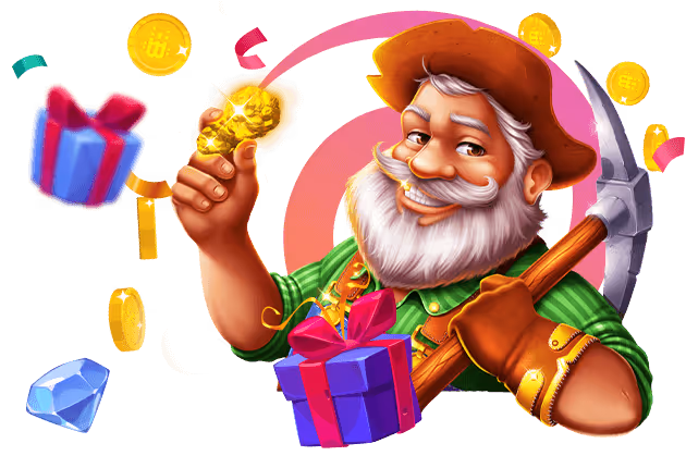 Cartoon gold miner with gifts, coins, and confetti