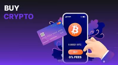 Buy Crypto: Hand using a phone to purchase Bitcoin with a credit card