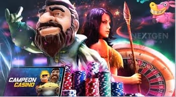 Campeon Casino advertisement with cartoon characters, chips, and a roulette wheel
