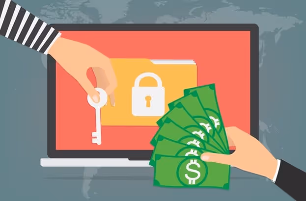 Ransomware concept: Key, locked folder, and money