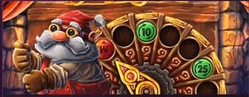 Cartoon Santa-like figure with a prize wheel showing numbers