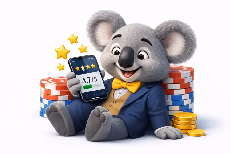 CasinosHub mascot checking new online casino star ratings on mobile, with casino chips.