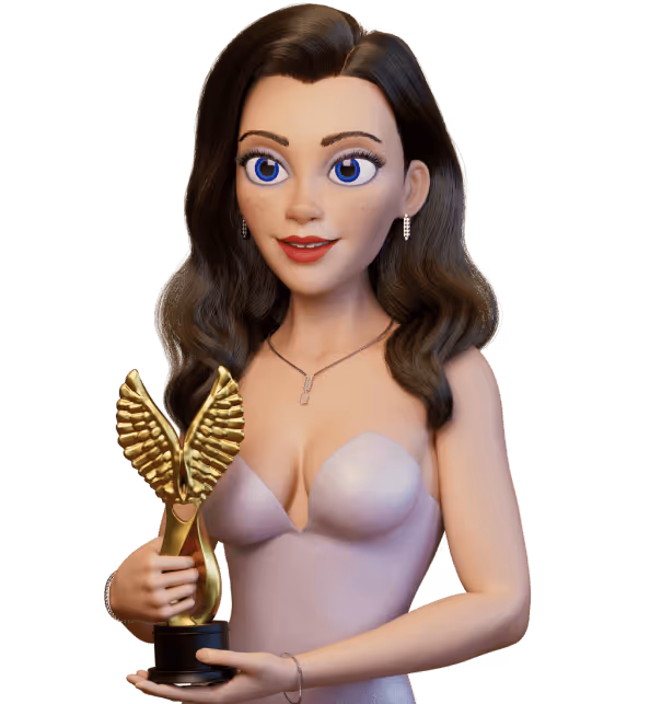 Animated woman holding a golden winged award