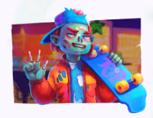 Cartoon zombie skateboarder giving a peace sign