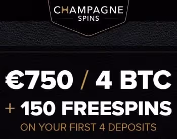 Champagne Spins Casino Welcome Package: €750 / 4 BTC + 150 Free Spins, First 4 Deposits