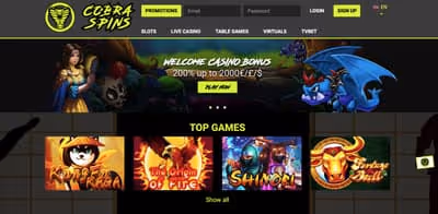 CobraSpins Casino Welcome Bonus: 200% Up to 2000€/£/$