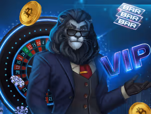 Cartoon lion in a suit with casino elements and 