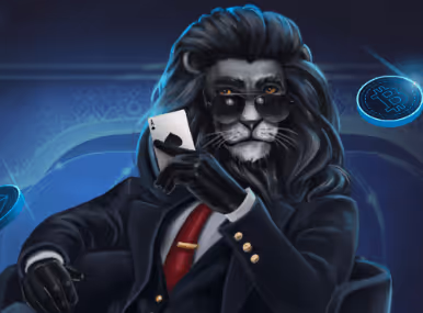 CryptoLeo Casino Stylized lion character in a suit holding a playing card