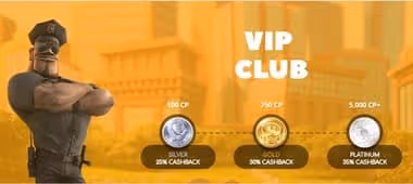 VIP Club promotion with cartoon security guard and cashback tiers
