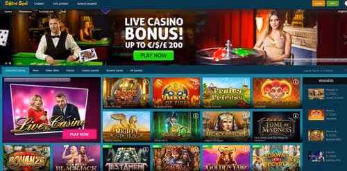 Extra Spel Casino homepage featuring a 'Live Casino Bonus! Up to €/$/£ 200' promotion