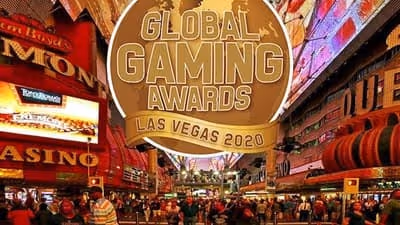 Global Gaming Awards Las Vegas 2020 banner over a crowded street