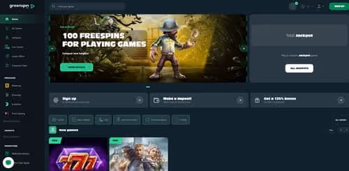 GreenSpin Casino homepage with free spins offer, signup/deposit/bonus sections