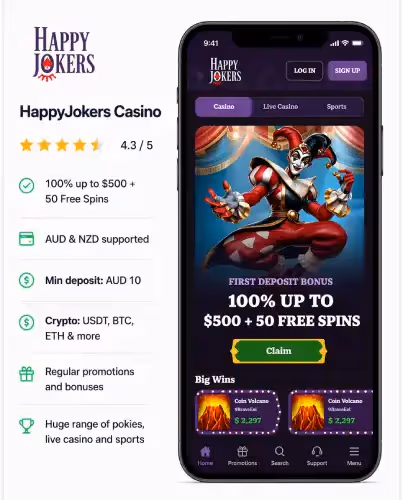 HappyJokers Casino mobile homepage showing 100% deposit bonus with free spins, pokies games, and live casino navigation