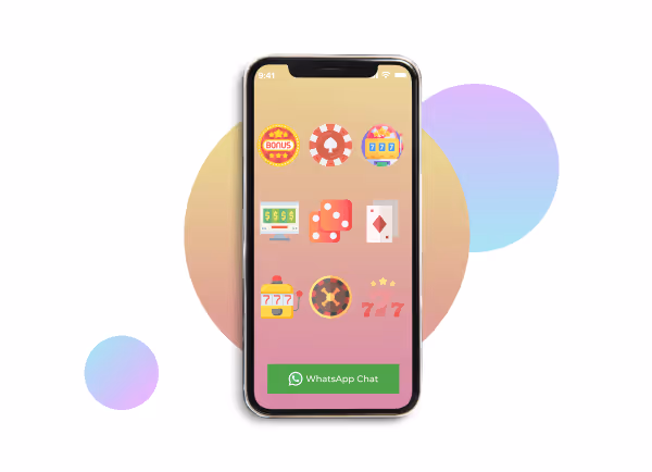 Smartphone displaying casino game icons and a WhatsApp Chat button