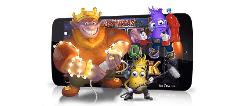 Cartoon characters beside a smartphone showing a slot machine game
