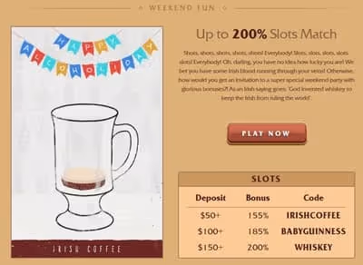 Irish Luck Casino Weekend Fun Bonus: Up to 200% Slots Match