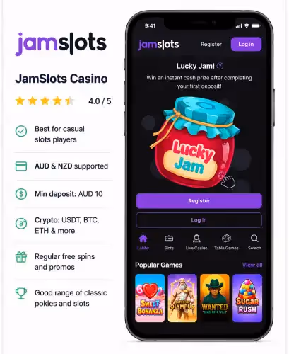 JamSlots Casino mobile review image showing AUD and NZD support, free spins promotions, and slots gameplay on smartphone