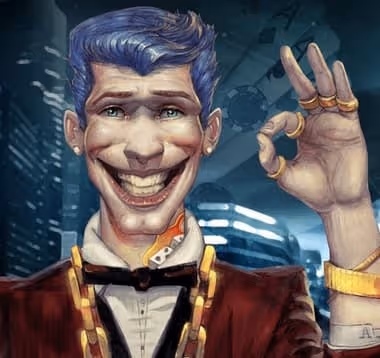 Smiling cartoon man with blue hair making an 'okay' gesture