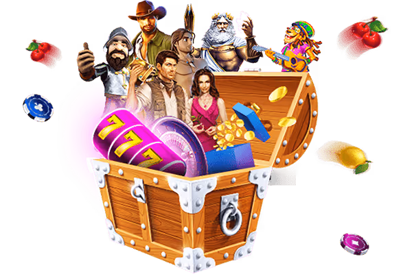 Treasure chest with slot machine reels, roulette, coins, and various characters