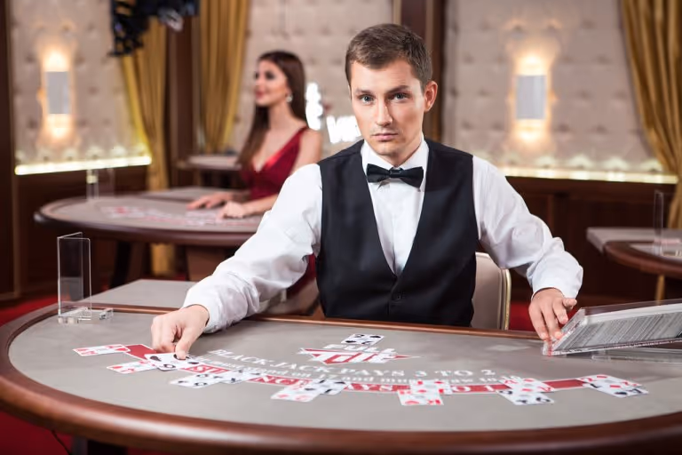 Blackjack dealer at a casino table