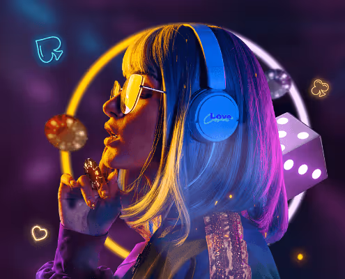 Woman with headphones, sunglasses, and casino elements