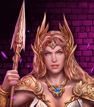 Woman with blonde hair, blue eyes, and golden armor holding a spear