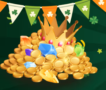 Pile of gold coins and jewels under a crown and shamrock banner