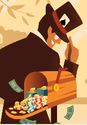 Man in a top hat receiving money and chips from a mailbox