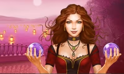 Mad Money Casino Online: Woman with red hair holding glowing orbs