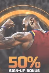 MyBookie 50% sign-up bonus with an athlete