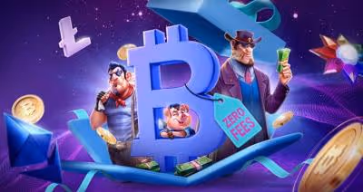 Cartoon figures with Bitcoin, Litecoin, and crypto elements