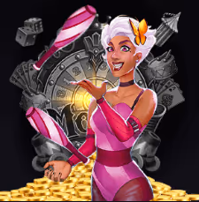 Cartoon woman with light skin and short white hair, juggling batons, with casino elements