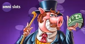 Omni Slots promotion with a wealthy cartoon pig holding cash and a cane
