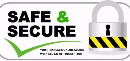 Safe and secure transaction message with a padlock and checkmark