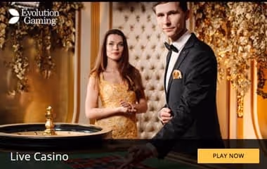 Live Casino with Evolution Gaming logo, featuring a man and a woman near a roulette table