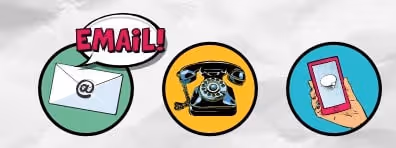Icons representing email, a rotary phone, and a smartphone with a chat bubble