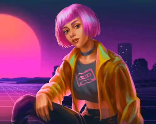 Woman with pink hair in a retro synthwave scene