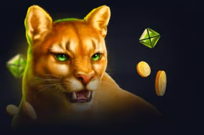 Cougar with glowing green eyes, coins, and gems