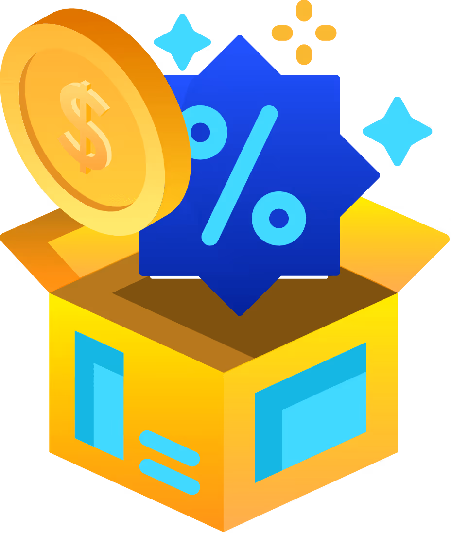 Box with a percentage sign and a dollar coin