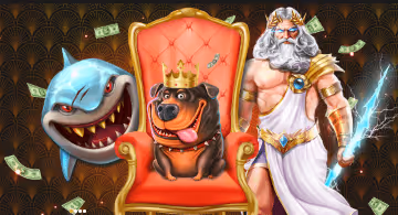 Cartoon shark, crowned bulldog on a throne, and Zeus with lightning