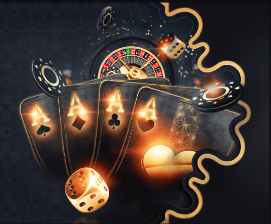 Four aces, roulette wheel, dice, and chips